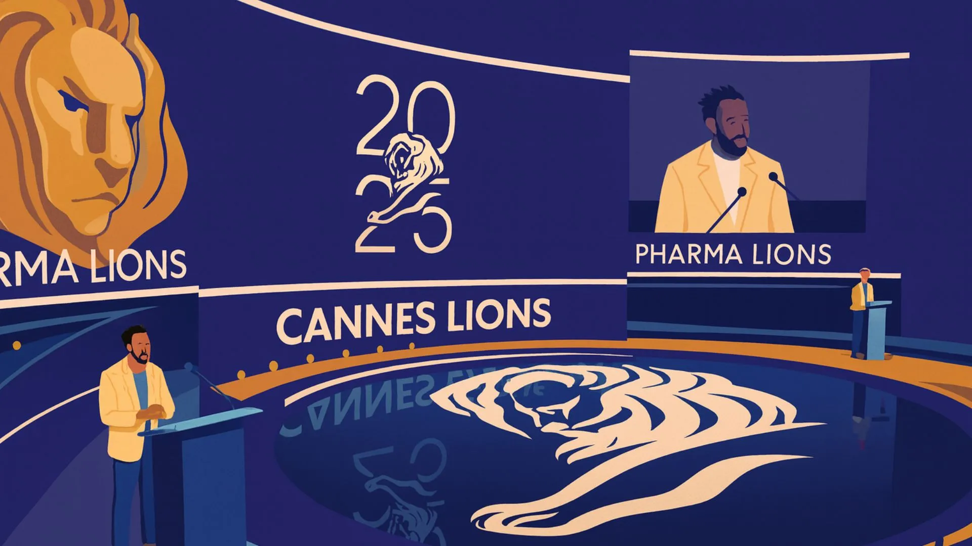 Ilustración del escenario principal de Cannes Lions 2025 durante la premiación de los ganadores más destacados.