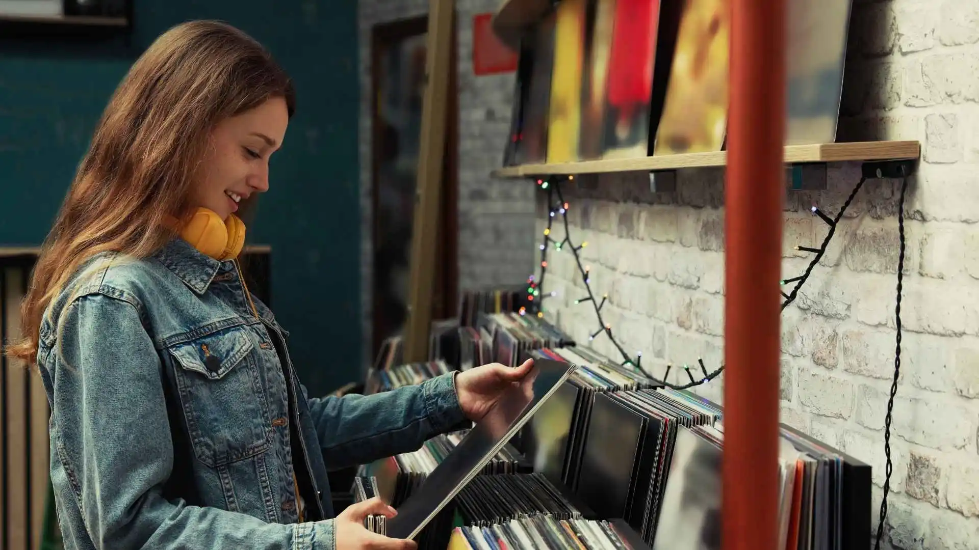 Mujer revisando discos de vinilo en una tienda de música mientras explora los géneros musicales más escuchados.