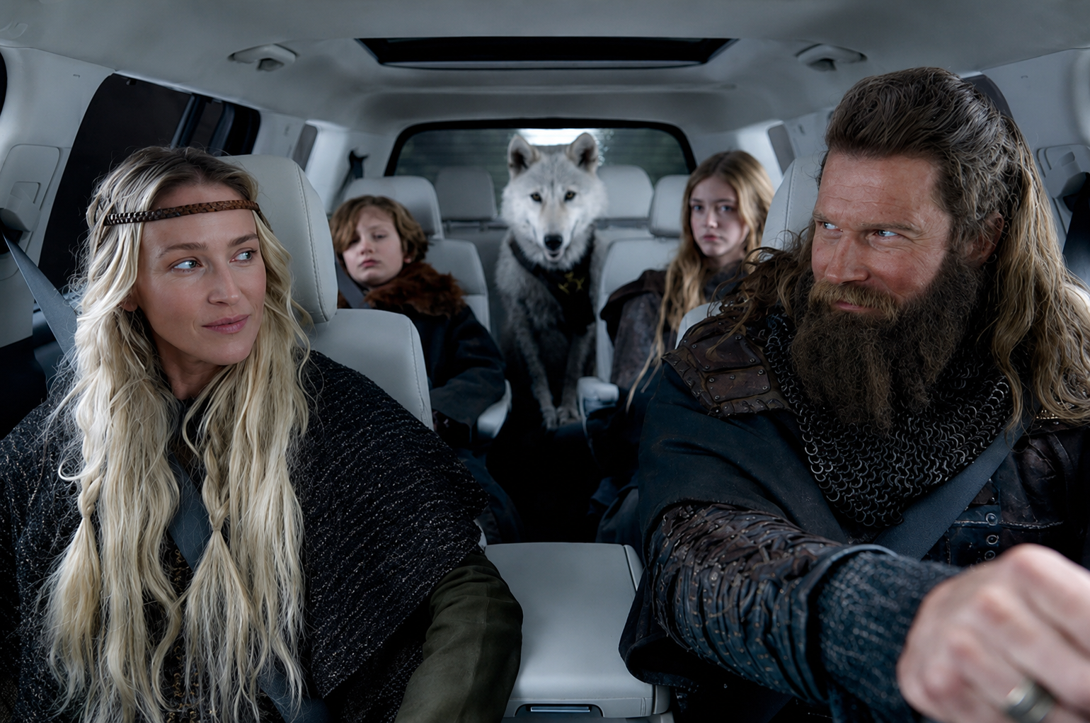 Los mejores comerciales de Hyundai: escena de la campaña Conquer the Weekend con una familia vikinga viajando en una SUV.
