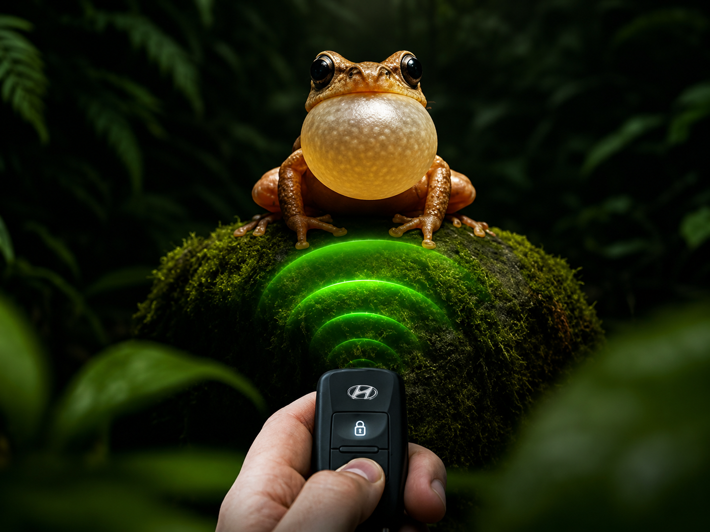 Rana coquí sobre una roca mientras una llave inteligente de Hyundai emite una señal luminosa, imagen de una de las mejores campañas de Hyundai.