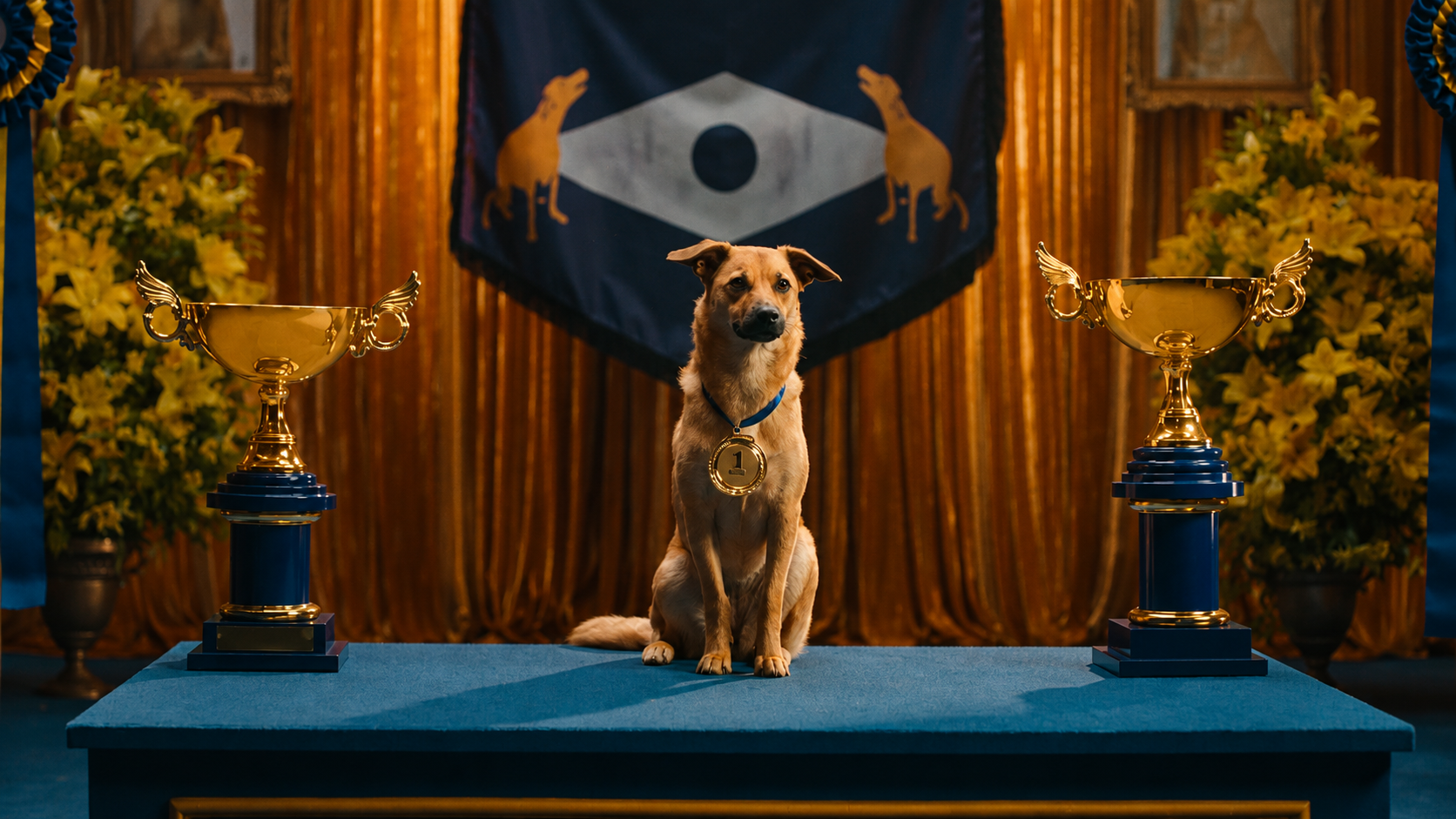 Perro mestizo con una medalla de primer lugar, sentado entre dos trofeos sobre un escenario ceremonial, inspirado en la campaña Caramelo de Pedigree, símbolo del valor y reconocimiento de los perros sin raza.